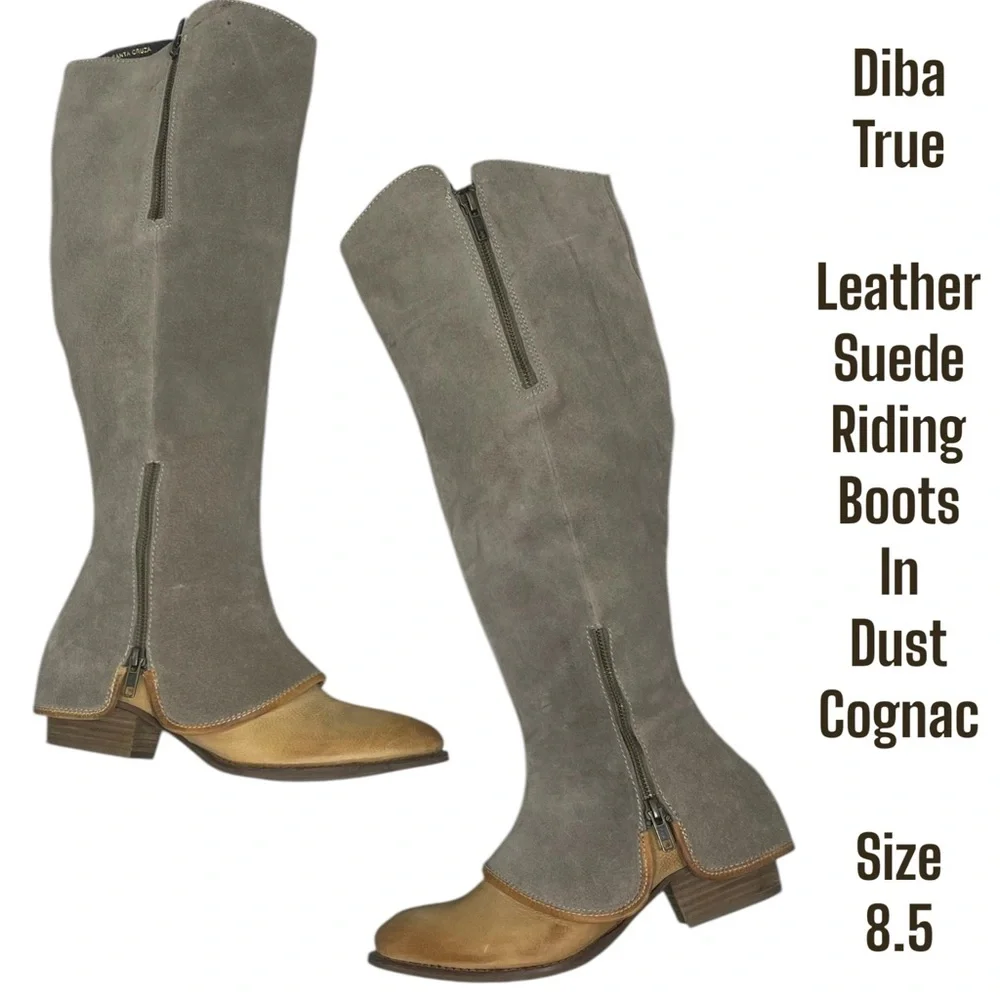 Diba True Santa Cruza Suede and Leather knee high boots dust gray cognac tan 8.5 - Picture 1 of 14